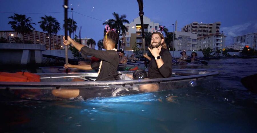 Lighted Clear Kayaks at Night w/ Champagne in Miami Beach - Paddling beneath music and neon lights